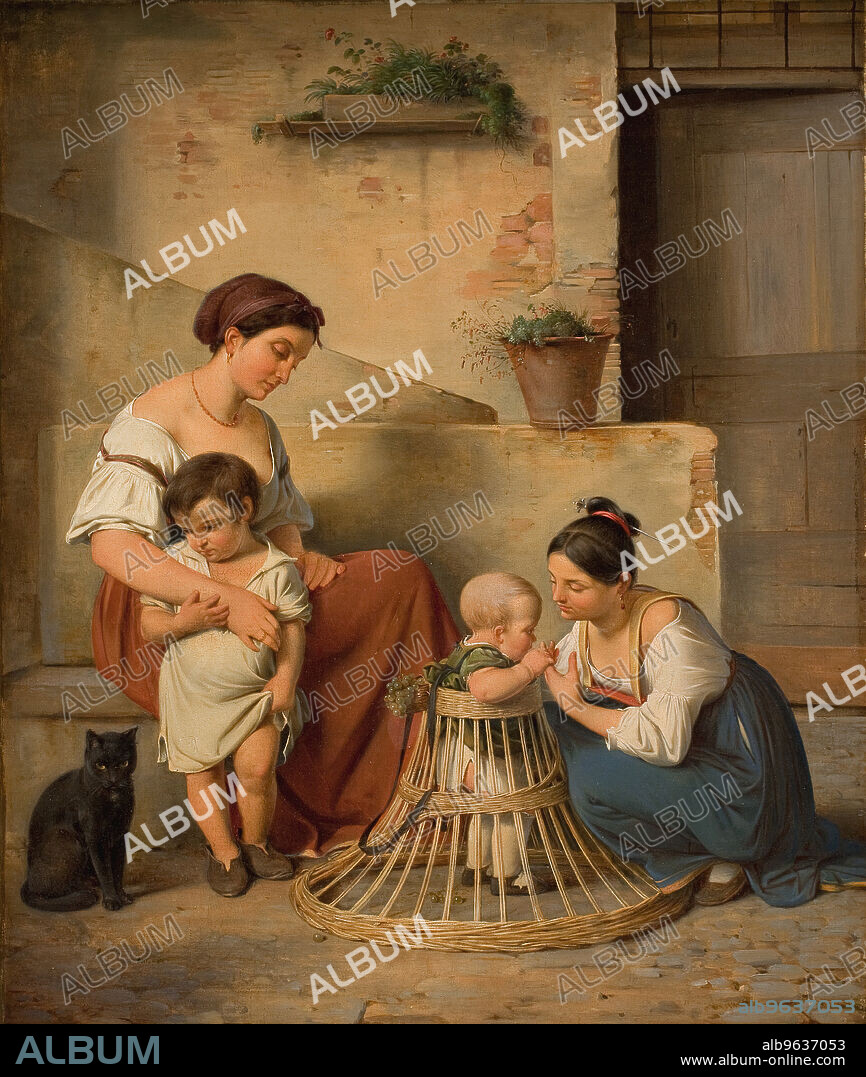 ALBERT KUCHLER. A Roman street scene; Two Italian women with their children, 1833.