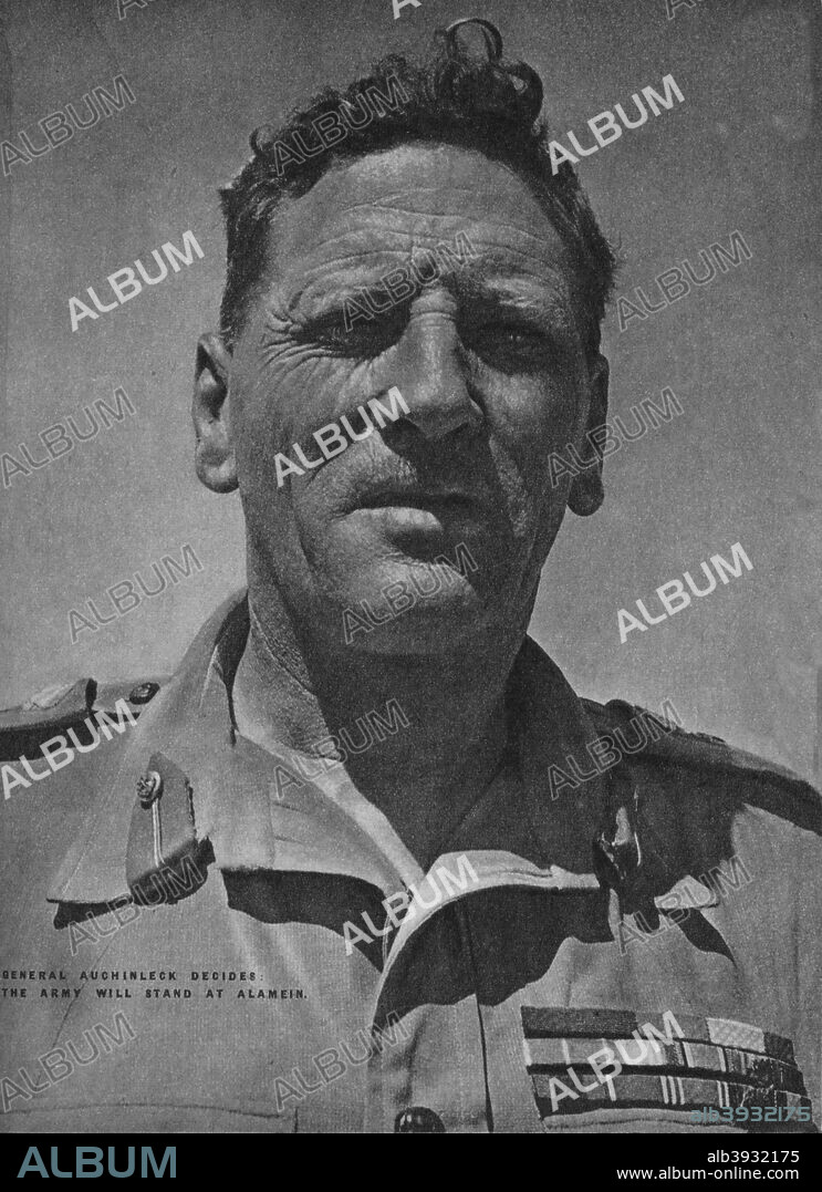 'General Auchinleck decided the army will stand at Alamein', 1942 (1944). Field Marshal Sir Claude John Eyre Auchinleck (1884-1981) commanded the British Army in North Africa from July 1941 until August 1942 during the Second World War. From The Eighth Army. [His Majesty's Stationery Office, London, 1944].