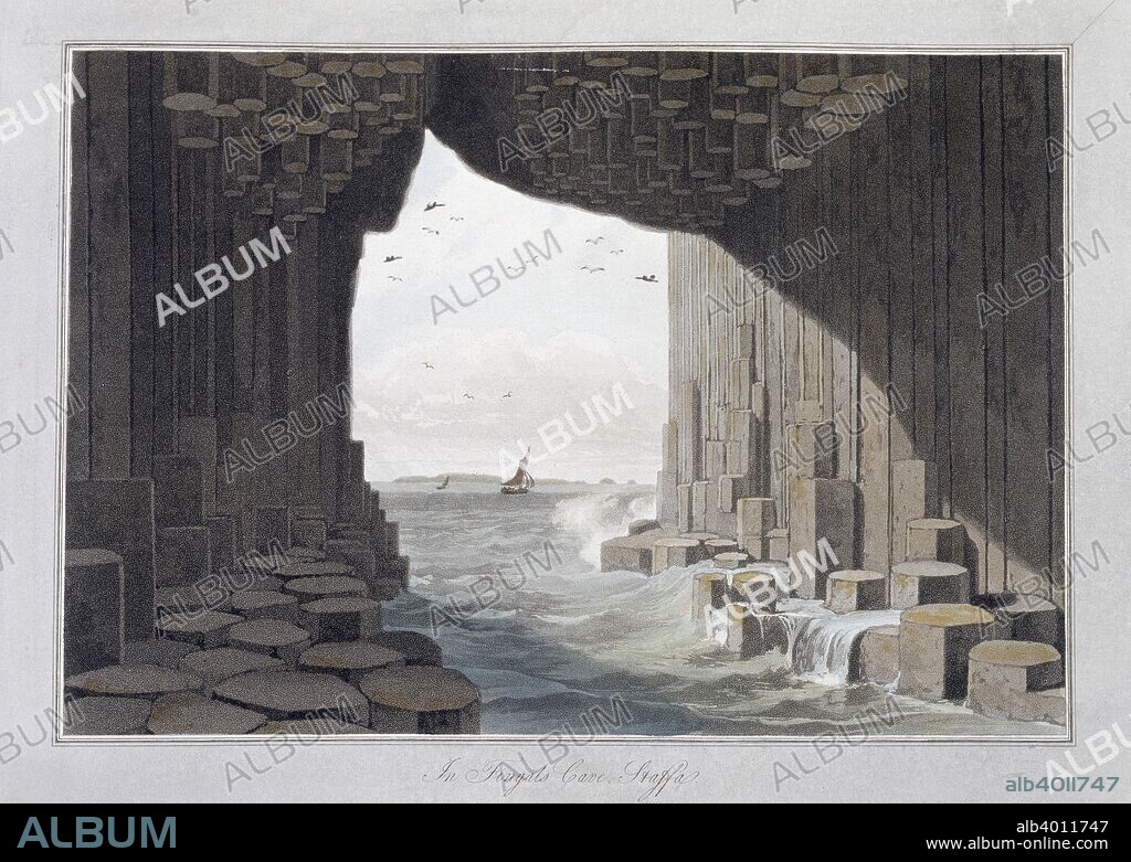 In Fingal's Cave, Staffa, Scotland, 1829. The best known of the caves on the southwest coast of Staffa, Scottish Inner Hebrides, Fingal's Cave was the inspiration for Felix Mendelssohn's overture 'The Hebrides.' The cave was formed by basalt lava flows which cooled to form hexagonal columns similar to those of the Giant's Causeway in Northern Ireland. From A Voyage Around Great Britain Undertaken between the Years 1814 and 1825 by William Daniell, 1829.