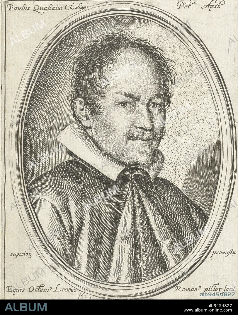 Portrait of the composer Paolo Quagliati, Portrait of Paolo Quagliati Paulus Qualiatus Clodiam Prtus Apsl , print maker: Ottavio Mario Leoni, (mentioned on object), Ottavio Mario Leoni, Italy, 1623, paper, etching, h 144 mm × w 113 mm.