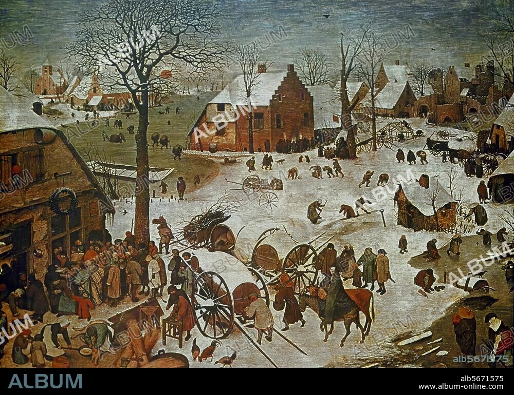 PIETER BRUEGEL DER ÄLTERE. Bruegel, Pieter d. Ä. um 1525/30 - 1569. "Flandrische Winterlandschaft", 1566. (Die Volkszählung in Bethlehem). Auf Holz, 115,5 × 164,5 cm. Brüssel, Musées Royaux d'Art et d'Hist.