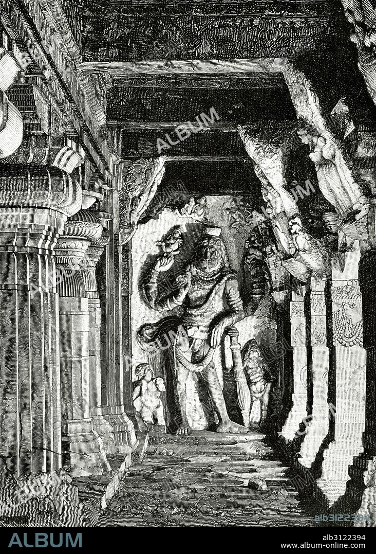 Visnu. Dios venerado por el hinduismo. Creador del universo. "Relieve de Visnú con cabeza de león en el templo de Arisimba, India". Grabado pr G. Treibmann. La India, año 1880.