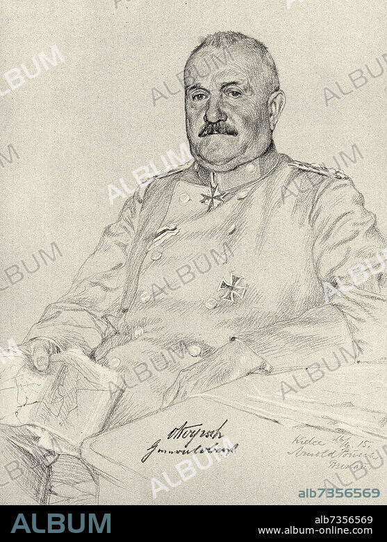 Remus von Woyrsch; preußischer Generalfeldmarschall, Mitglied des Preußischen Herrenhauses (1908-1918), Ehrenkommendator des Johanniterordens. 4.2.1847 Gut Pilsnitz/Breslau - 6.8.1920 ebenda. - "Von Woyrsch Generaloberst ". - Zeichnung, 16.6.1915, von Arnold Busch (1876-1951), Breslau.