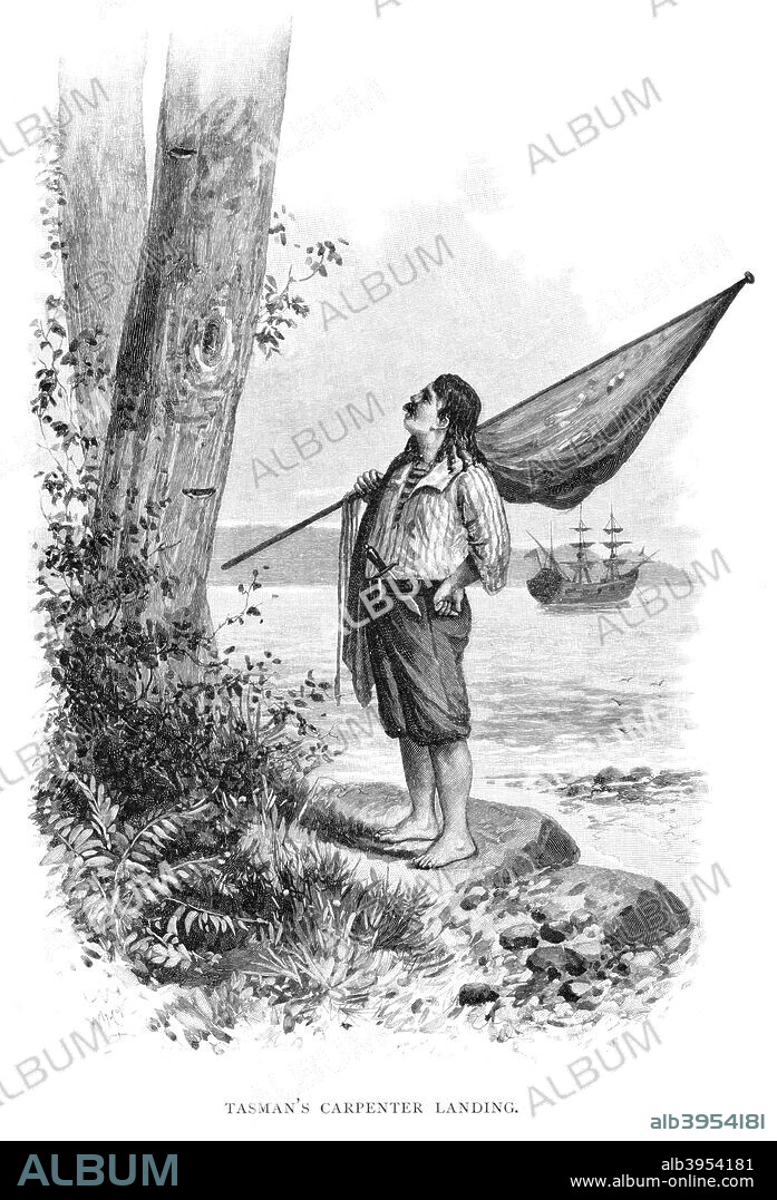 'Tasman's Carpenter Landing', 1644 (1886). Dutch explorer Abel Tasman mapped the north coast of Australia in 1644. He is best known for his discovery of Tasmania two years previously. Wood engraving from 'Picturesque Atlas of Australasia, Vol I', by Andrew Garran, illustrated under the supervision of Frederic B Schell, (Picturesque Atlas Publishing Co, 1886).