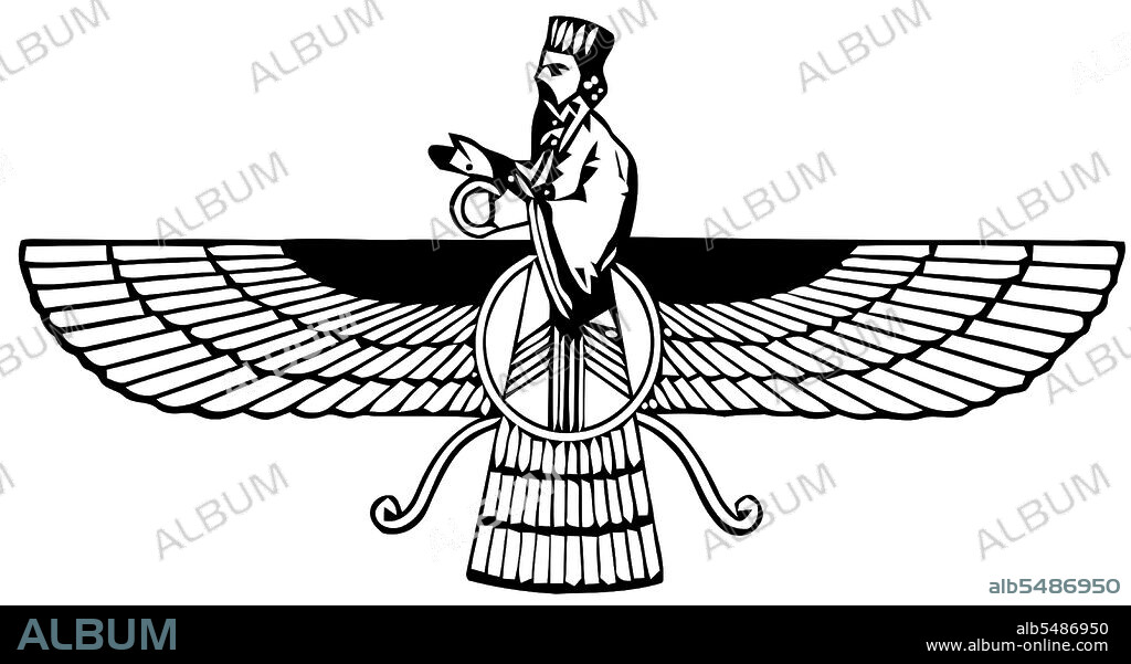 The Faravahar is one of the best-known symbols of Zoroastrianism, the state religion of ancient Iran. This religious-cultural symbol was adapted by the Pahlavi dynasty to represent the Iranian nation. The winged disc has a long history in the art and culture of the ancient Near and Middle East. Historically, the symbol is influenced by the 'winged sun' hieroglyph appearing on Bronze Age royal seals. In Neo-Assyrian times, a human bust is added to the disk, the 'feather-robed archer' interpreted as symbolizing Ashur. The symbol is currently thought to represent a Fravashi (a guardian angel). Because the symbol first appears on royal inscriptions, it is also thought to represent the 'Divine Royal Glory' and the divine mandate that was the foundation of a king's authority.