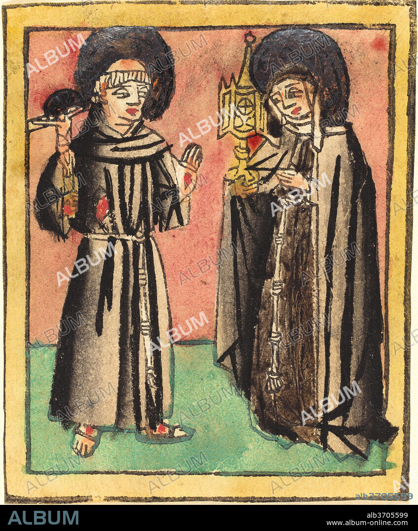 GERMAN 15TH CENTURY. Saint Francis and Saint Clara. Dated: 1450/1470. Medium: woodcut, hand-colored in rose, red, gray, black, yellow, and gold.