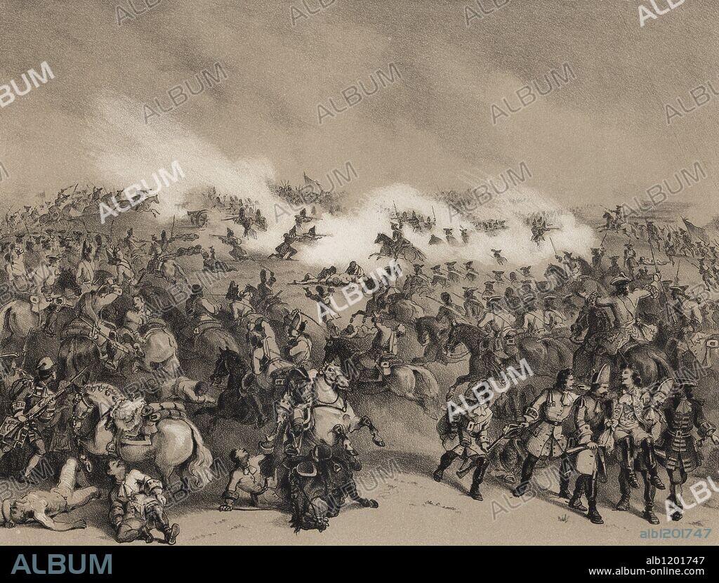 Batalla de Villaviciosa, el 10 de Diciembre de 1710, entre los ejércitos de Felipe V y el Archiduque de Austria. Grabado de 1870.