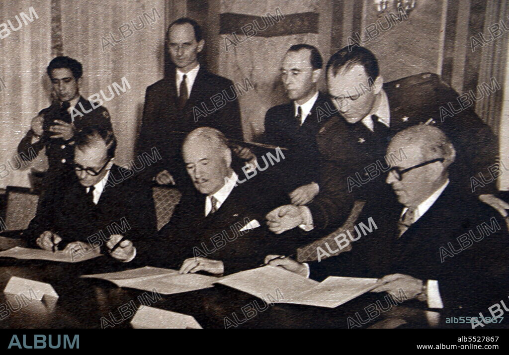 The Allied High Commission was established by the United States, the United Kingdom, and France after the 1948 breakdown of the Allied Control Council to regulate and supervise the development of the newly established Federal Republic of Germany (West Germany). The Commission took its seat at the Hotel Petersberg near Bonn and started its work on September 21, 1949. It ceased to function under the terms of the Bonn-Paris conventions, on May 5, 1955. General Brian Hubert Robertson, Andre Francois-Poncet and John Jay McCloy signing the declaration. General Brian Hubert Robertson (22 July 1896 - 29 April 1974) was a senior British Army officer during the Second World War. After the war he was the Deputy Military Governor of Germany from 1945 to 1948, and then the Military Governor from 1948 to 1949. Andre Francois-Poncet (13 June 1887 - 8 January 1978) was a French politician and diplomat. John Jay McCloy (March 31, 1895 - March 11, 1989) was an American lawyer, diplomat, banker, and a presidential advisor.