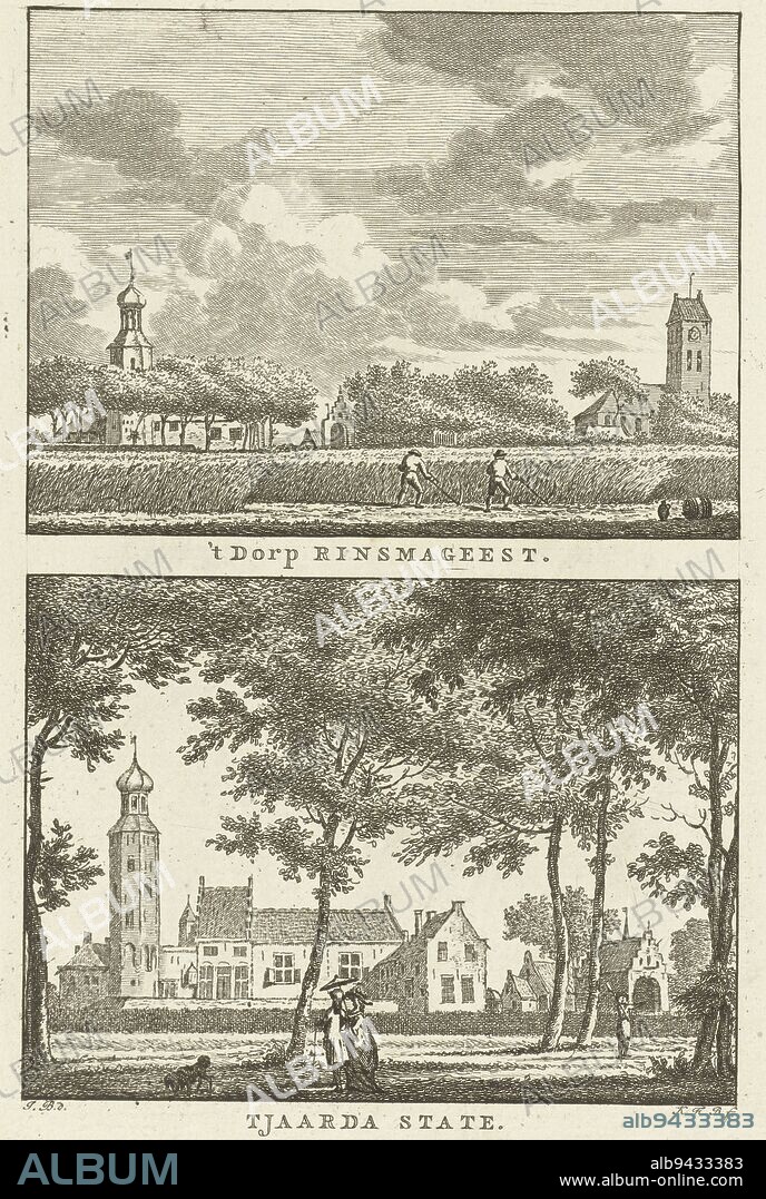 View of the village of Rinsumageest and Tjaarda state in Rinsumageest 't Dorp Rinsmageest Tjaarda state , print maker: Carel Frederik Bendorp (I), (mentioned on object), intermediary draughtsman: Jan Bulthuis, (mentioned on object), 1786 - 1792, paper, etching, h 169 mm × w 110 mm.