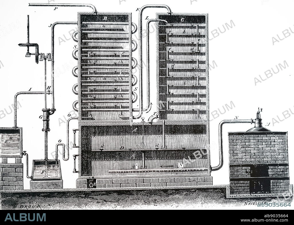 An engraving depicting a sectional view of Coffey's still, for the continuous production of spirits, in large quantities. Aeneas Coffey of Dublin, invented his still circa 1830. it was in widespread use, until the end of the nineteenth Century. (ca 1870).