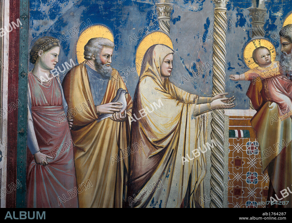 Scenes from the Life of Christ Presentation of Christ at the Temple, by Giotto, 1304-1306, 14th Century, fresco,. Italy, Veneto, Padua, Scrovegni Chapel. Detail. Madonna St Joseph female figure Solomon holding Jesus in his arms aureole halo.