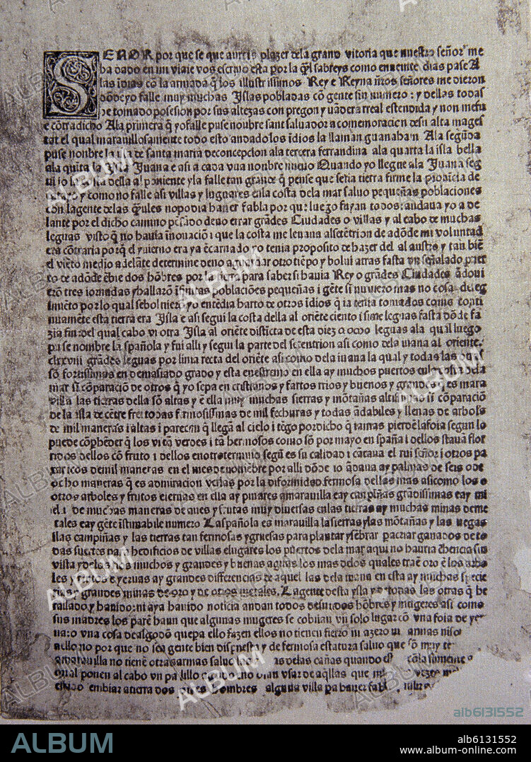 CRISTOBAL COLON (1451-1506). CARTA A LUIS DE SANTANGEL TESORERO DE LOS REYES CATOLICOS - S XV.
