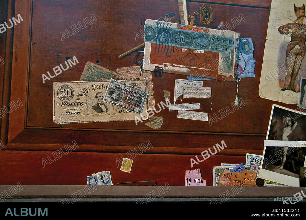 Trope l'oeil still life of a bachelor's drawer.  John Haberle (1856–1933) was a 19th-century American painter in the trompe l'oeil (literally, "fool the eye") style. His still lifes of ordinary objects are painted in such a way that the painting can be mistaken for the objects themselves.