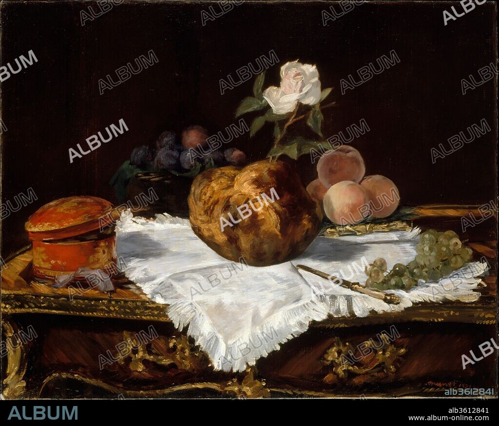 EDOUARD MANET. The Brioche. Artist: Édouard Manet (French, Paris 1832-1883 Paris). Dimensions: 25 5/8 x 31 7/8 in. (65.1 x 81 cm). Date: 1870.
Manet reportedly called still life the "touchstone of the painter." From 1862 to 1870 he executed several large-scale tabletop scenes of fish and fruit, of which this is the last and most elaborate. It was inspired by the donation to the Louvre of a painting of a brioche by Jean Siméon Chardin, the eighteenth-century French master of still life. Like Chardin, Manet surrounded the buttery bread with things to stimulate the senses--a brilliant white napkin, soft peaches, glistening plums, a polished knife, a bright red box--and, in traditional fashion, topped the brioche with a fragrant flower.