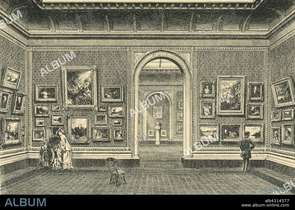 JOHN WATKINS. 'The Sheepshanks Gallery', South Kensington Museum, c1860s, (1881). Interior view showing exhibition space designed by Captain Francis Fowke. This addition to the museum building was created to house a collection of paintings offered to the nation by John Sheepshanks, a wealthy cloth manufacturer from Leeds. From "The South Kensington Museum", a book of engraved illustrations, with descriptions, of the works of art in the collection of the Victoria & Albert Museum in London (formerly known as the South Kensington Museum). [Sampson Low, Marston, Searle and Rivington, London, 1881].