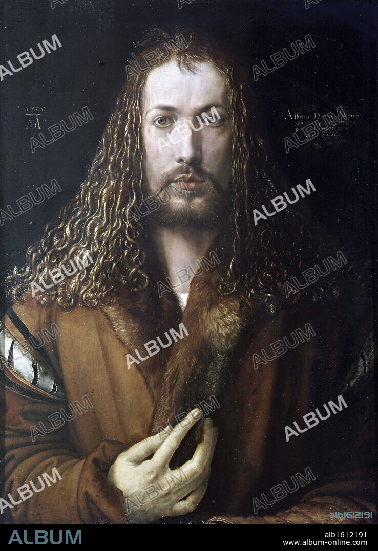 ALBERTO DURERO. Self Portrait  1500  Albrecht Durer (1471-1528 German)   Oil on wood panel  Alte Pinakothek, Munich, Germany.
