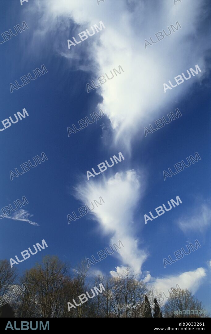 Fall streaks occurring from altocumulus clouds. This phenomena is a result of the super cooled water droplets of the cloud freezing and then colliding forming ice particles heavy enough to descend and appearing to streak toward earth. Also referred to as Altocumulus floccus.
