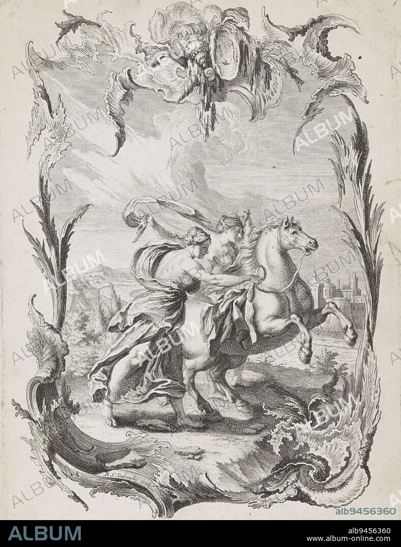 The brave Cloelia, Balthasar Sigmund Setletzky, after Gottfried Bernhard Götz, 1730 - 1770, Cloelia and two women stand with a horse along the Tiber. In the lower margin twice a three-line text in German and Latin., print maker: Balthasar Sigmund Setletzky, (mentioned on object), intermediary draughtsman: Gottfried Bernhard Götz, (mentioned on object), publisher: Johann Georg Hertel (I), (mentioned on object), Augsburg, 1730 - 1770, paper, etching, engraving, h 317 mm × w 214 mm.
