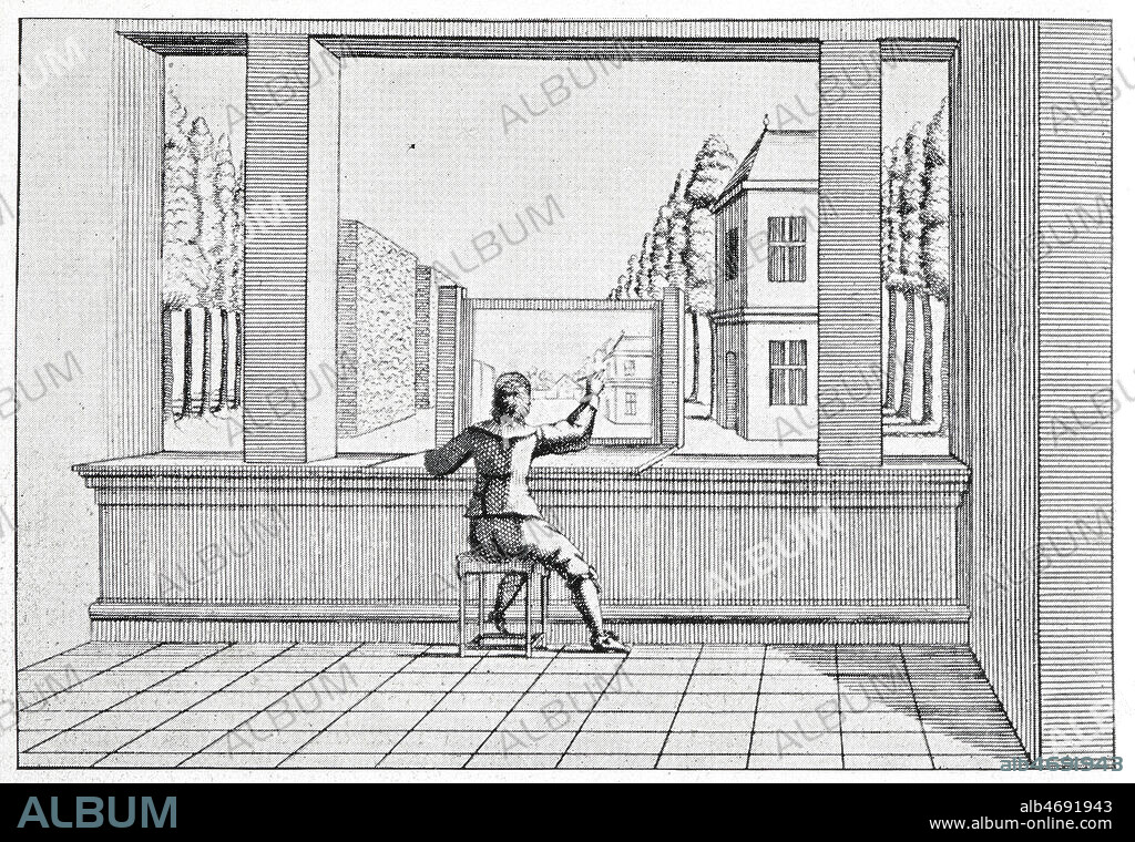 Machine a dessiner. Gravure de Perspective pratique par Jean DUBREUIL de 1642. Credit: Collection KHARBINE-TAPABOR.