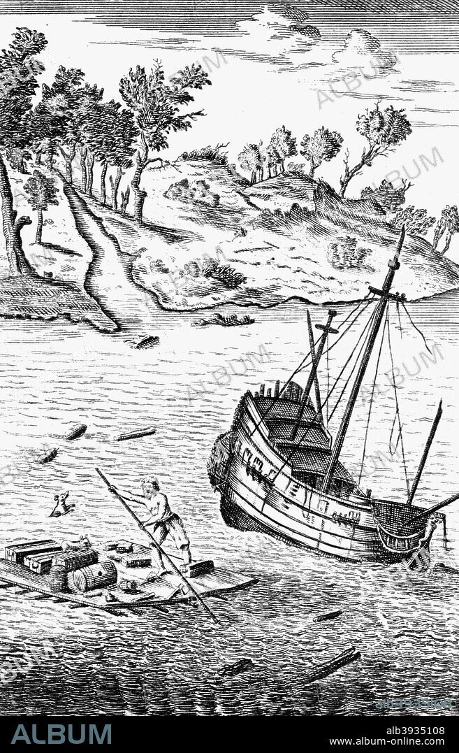 'Robinson Crusoe Saving His Goods out of the wreck of the Ship', c1719. Illustration from Daniel Defoe's The Life and Strange Surprizing Adventures of Robinson Crusoe of York, Mariner, the story of a fictional English castaway who spends 28 years on a remote island. The book, first published in 1719, was probably based on the real-life experiences of the castaway Alexander Selkirk and is considered by many as the first English novel.