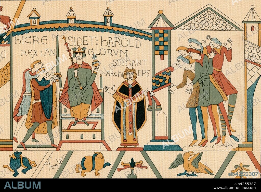 'Harold's Coronation', (19th century?). King Harold II is crowned by Archbishop Stigand. Illustration of a section from the Bayeux Tapestry, the famous embroidery depicting the Norman invasion of England in 1066.