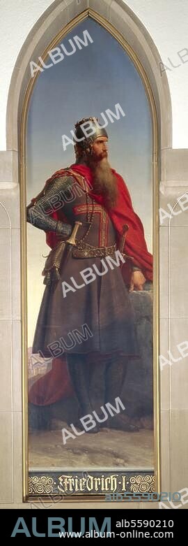 Frederick I. Barbarossa Holy Roman Emperor, Waiblingen (?) 1122 - drowned in Saleph. 10.6.1190. Full-length portrait. Painting by Karl Friedrich Lessing. (1808-80), c. 1840. Frankfurt a. M., Römer, Kaisersaal.