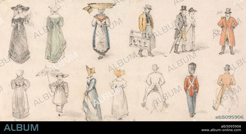 Studies of Figures: Women, Tradespeople, etc., Edmund Thomas Parris, 17931873, British, undated, Graphite and watercolor on medium, smooth, cream wove paper, Sheet: 4 × 8 3/8 inches (10.2 × 21.3 cm), apron, beer, bonnets, boots, boots, coats, dress, dresses, fichus, figure study, frock coat, hats, hats, top, horses (animals), men, parasols, people, shoulder straps (costume accessories), soldier, steins, tailcoats, uniforms, women.