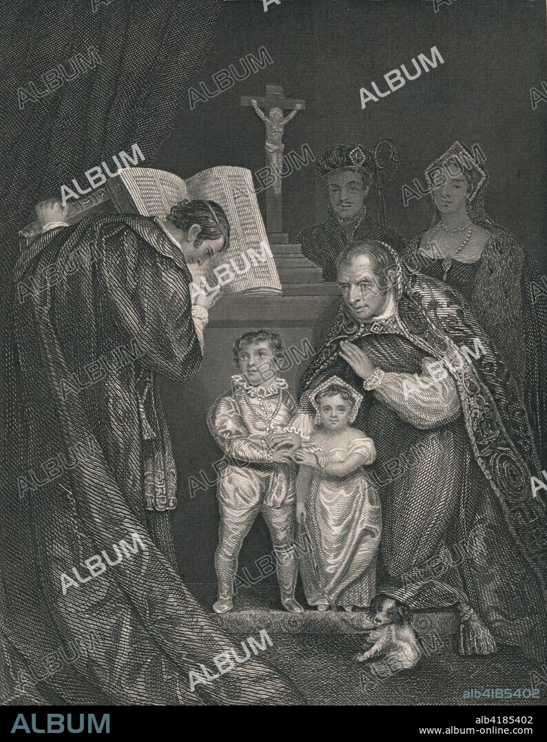 'The Marriage of Richard Duke of York. (Brother to Edward V.)', 1478, (1821), (mid 19th century). Engraving after a painting made in 1821, depicting the marriage of Richard of Shrewsbury, Duke of York (1473-1483) and Anne de Mowbray, 8th Countess of Norfolk (1472-1481). They were married in St Stephen's Chapel in Westminster, London, when Richard was about four years old and Anne was five. Richard and his older brother Edward ('The Princes in the Tower'), mysteriously disappeared shortly after Richard III usurped the throne of England in 1483. [John Tallis & Company, London & New York].