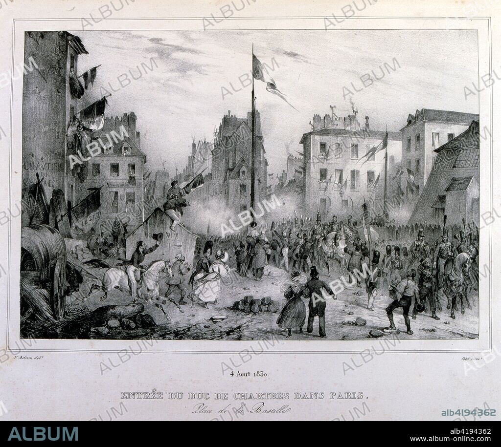 Illustration depicting events during the French 'July Revolution' of 1830. The French Revolution of 1830, also known as the July Revolution (revolution de Juliet), Second French Revolution or Trois Glorieuses, led to the overthrow of King Charles X, the French Bourbon monarch, and the ascent of his cousin Louis Philippe, Duke of Orléans, who himself, after 18 precarious years on the throne, would be overthrown in 1848. It marked the shift from one constitutional monarchy, under the restored House of Bourbon, to another, the July Monarchy. the transition of power from the House of Bourbon to its cadet branch, the House of Orléans. and the replacement of the principle of hereditary right by popular sovereignty. Supporters of the Bourbon would be called Legitimists, and supporters of Louis Philippe Orléanists.