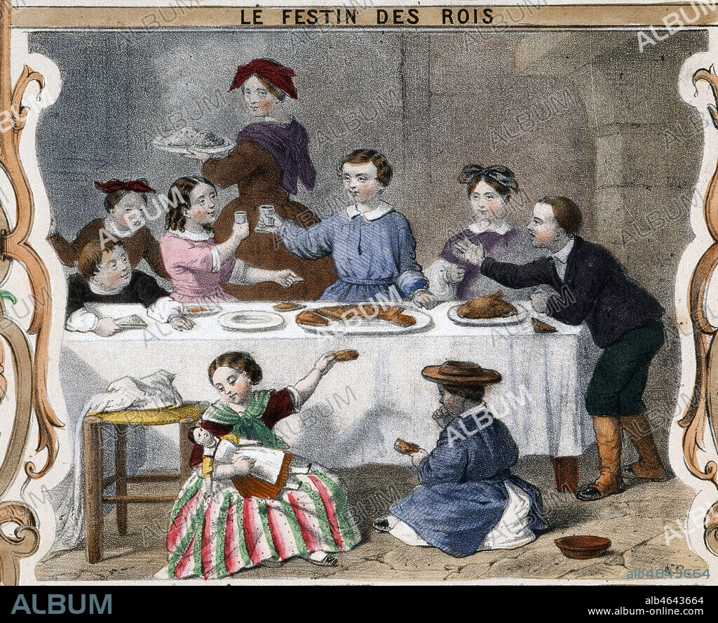 'Le festin des rois' : l'epiphanie vers 1850. Illustration de A. COPPIN pour 'Les fetes de l'enfance' publie mi 19eme s. Credit : Collection KHARBINE-TAPABOR.
