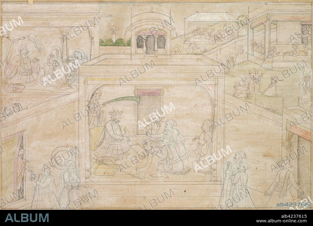 Bhima's Consultation with the Astrologer: Scene from the Nala-Damayanti Drawings, c. 1790-1800. India, Pahari, Kangra school, late 18th Century. Drawing with slight color; overall: 22.2 x 33.5 cm (8 3/4 x 13 3/16 in.).