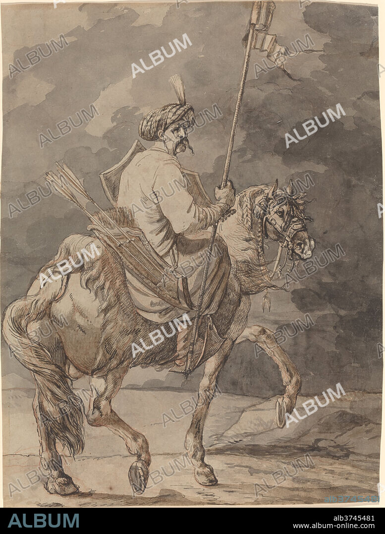 ALEKSANDR OSIPOVICH ORLOVSKII. The Polish Rider. Dimensions: overall: 35.4 x 26.6 cm (13 15/16 x 10 1/2 in.). Medium: pen and brown ink and gray wash over red chalk on blue paper, laid down.