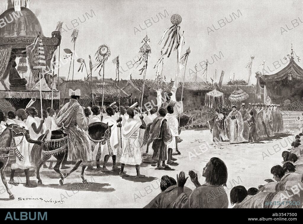 Faxian aka Fa-Hien and Fa-hsien, 337 – c. 422. Chinese Buddhist monk who travelled by foot from China to India, depicted here on his return to China after fifteen years. From Hutchinson's History of the Nations, published 1915.