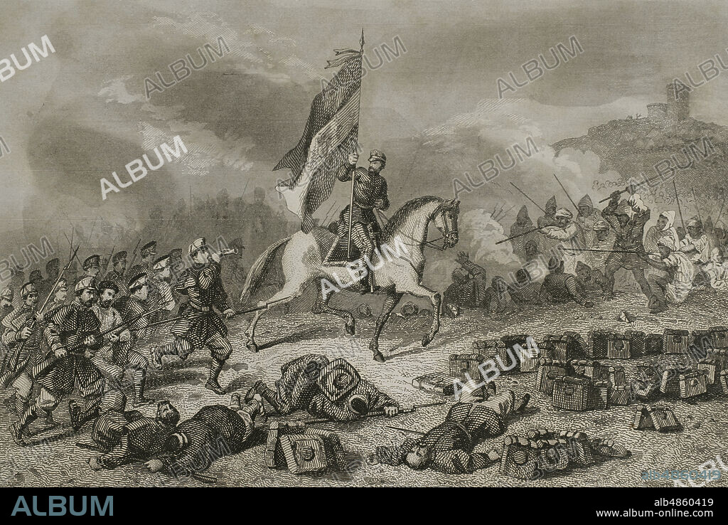Guerra de Africa. Enfrentó a España con Marruecos durante el reinado de Isabel II y gobierno de Leopoldo O'Donnell. Batalla de los Castillejos (1 de enero de 1860). Primera victoria española en suelo marroquí en campo abierto en la primera guerra de Africa (1859-1860), abriendo el camino hacia la conquista de Tetuán. El General Prim en Castillejos. Ilustración por Urrabieta. Grabado por A. Fatjó. Historia de Cataluña y de la Corona de Aragón, por Victor Balaguer. Barcelona,1863.
