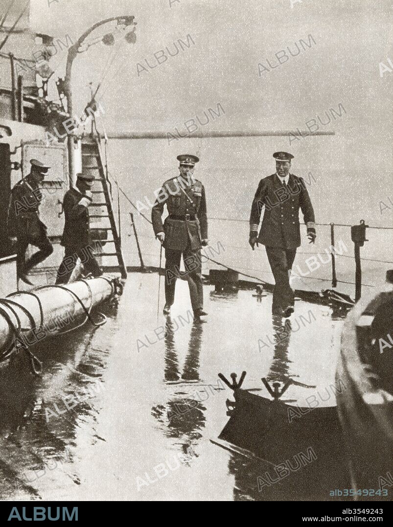 Field Marshal Horatio Herbert Kitchener, 1st Earl Kitchener, on the left, 1850 – 1916. Irish-born British Field Marshal and proconsul seen here with Admiral Sir Frederic Charles Dreyer, on the right, 1878 – 1956. Officer of the Royal Navy, on board the Flagship H.M.S. Iron Duke at Scapa Flow in 1916 during World War I. From The Story of 25 Eventful Years in Pictures, published 1935.