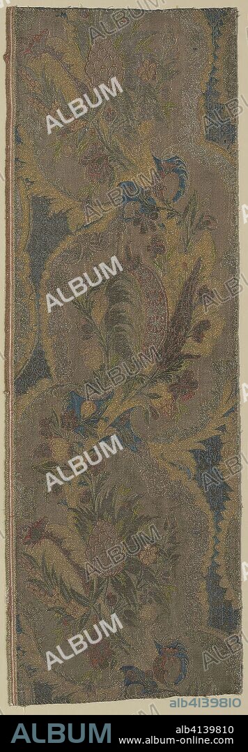 Fragment. France. Date: 1702-1725. Dimensions: 82.5 × 27.7 cm (32 1/2 × 10 7/8 in.)
Warp repeat: 57.3 cm (22 1/2 in.). Silk and gilt- and silvered-metal-strip-wrapped silk, warp-float faced 4:1 satin weave with secondary binding warps tying supplementary brocading wefts and two-color complementary ground wefts in twill interlacings. Origin: France.