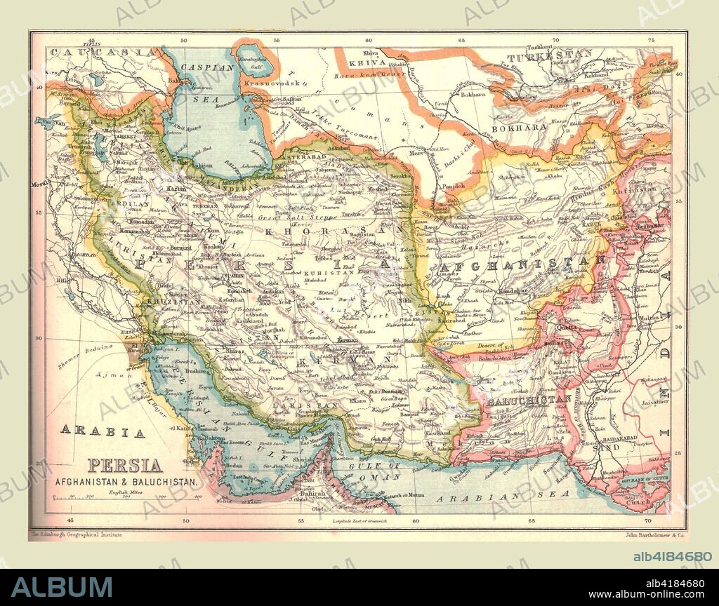 Map of Persia, 1902. Showing Persia, Afghanistan and Baluchistan, and the Persian Gulf. From The Century Atlas of the World. [John Walker & Co, Ltd., London, 1902].