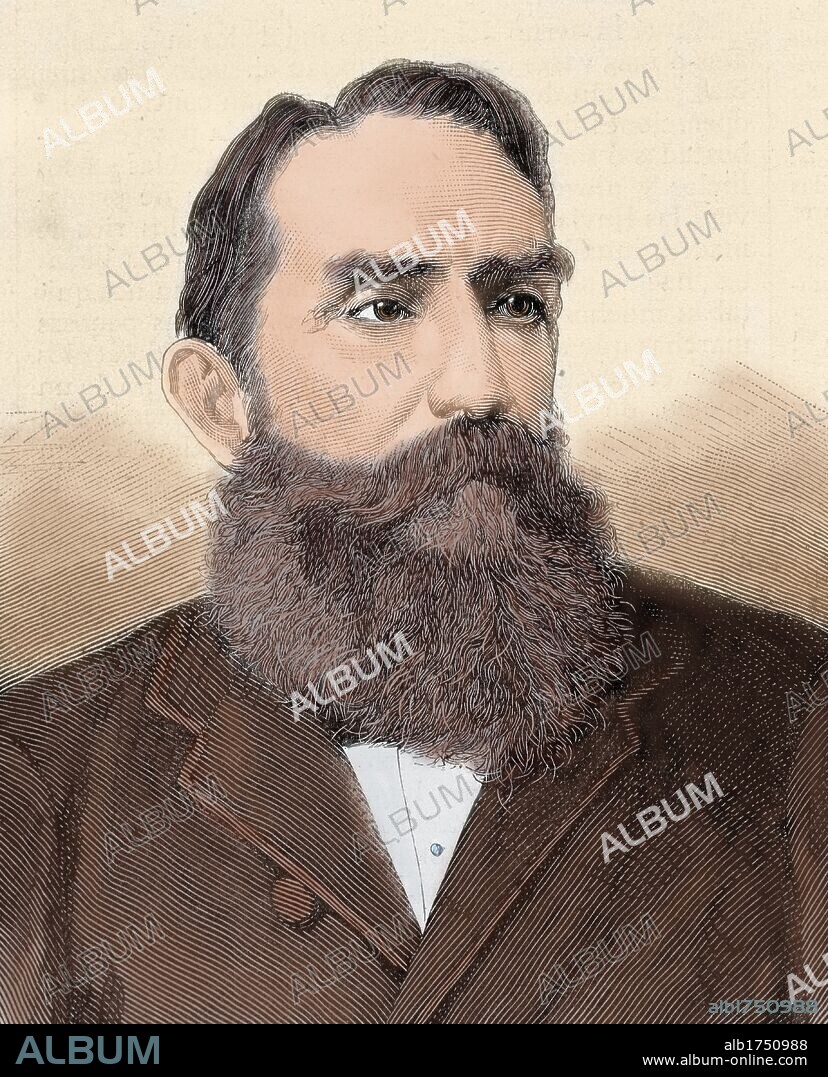 Rafael Nunez (1825-1894). Colombian author, lawyer, journalist and politician. Elected President of Colombia in 1880 and in 1884. Engraving by Carretero. Colored.