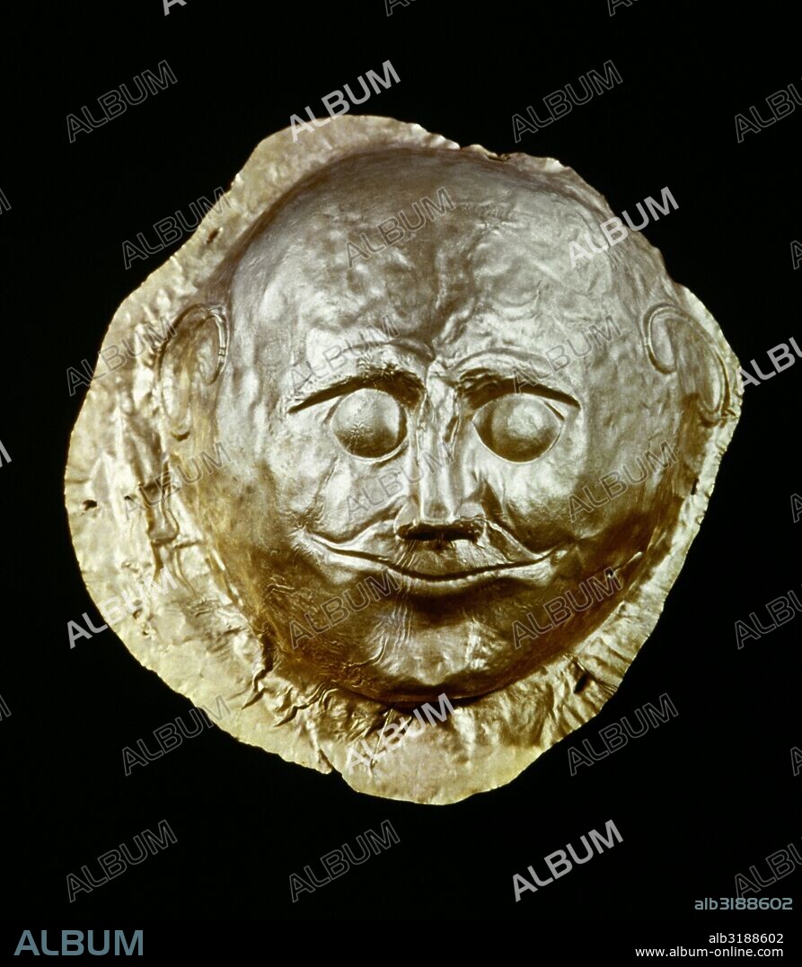 Funerary mask in gold foil by embossing. Tomb IV. Circle A. 16th century BC. Royal Tombs of Mycenae. National Archaeological Museum. Athens, Greece.