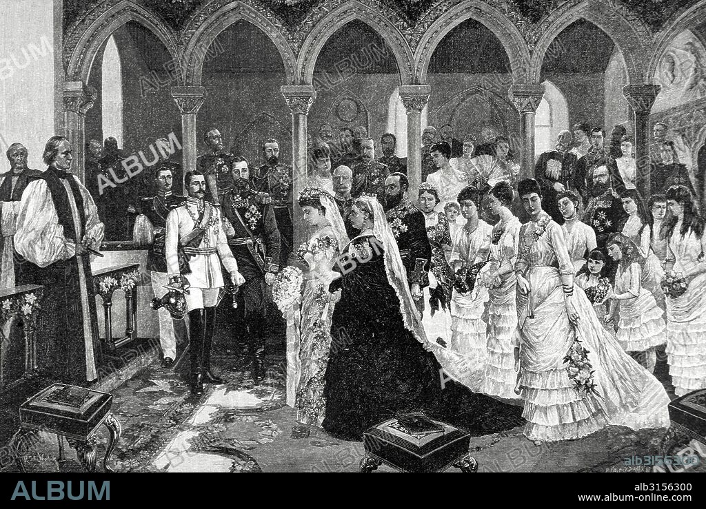 Princesa Beatriz del Reino Unido (1857-1944). Por matrimonio princesa Enrique de Battenberg. Hija de la reina Victoria y Príncipe ALberto. "Casamiento de la Princesa Beatriz, con Enrique de Battenberg", 23 de julio de 1885 en St. Mildred's Church, Whippingham, isla de Wight. Grabado por H. F. Davey. Almanaque de La Ilustración, año 1888.