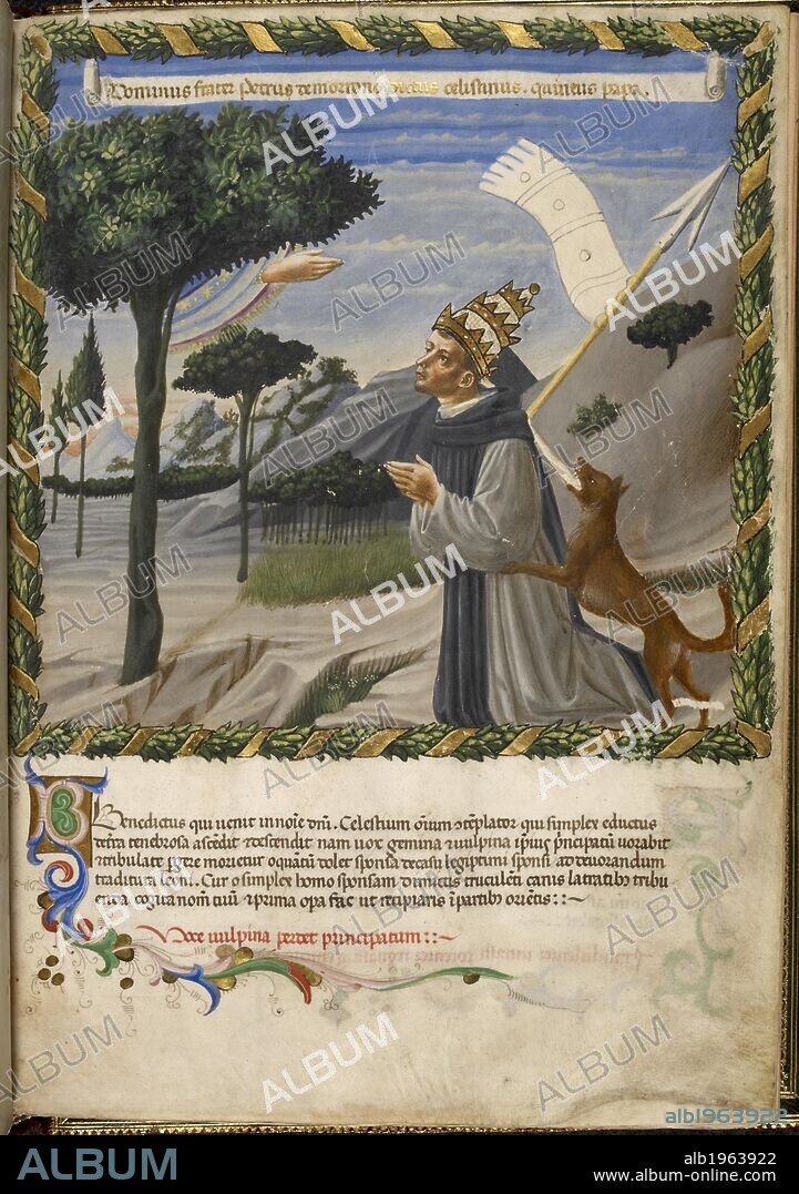Pope Celestine V kneeling in prayer. Vaticinia de Pontificibus. Italy, Central (Florence); 2nd quarter of the 15th century. Source: Harley 1340, f.3. Language: Latin.