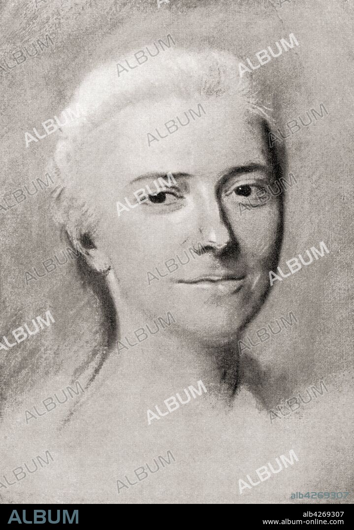 Clair Josephe Hippolyte Leris,  aka La Clairon,  1723 – 1803 French actress After a work by French Rococo portraitist,  Maurice Quentin de La Tour,  1704 – 1788 From La Tour,  published 1920.