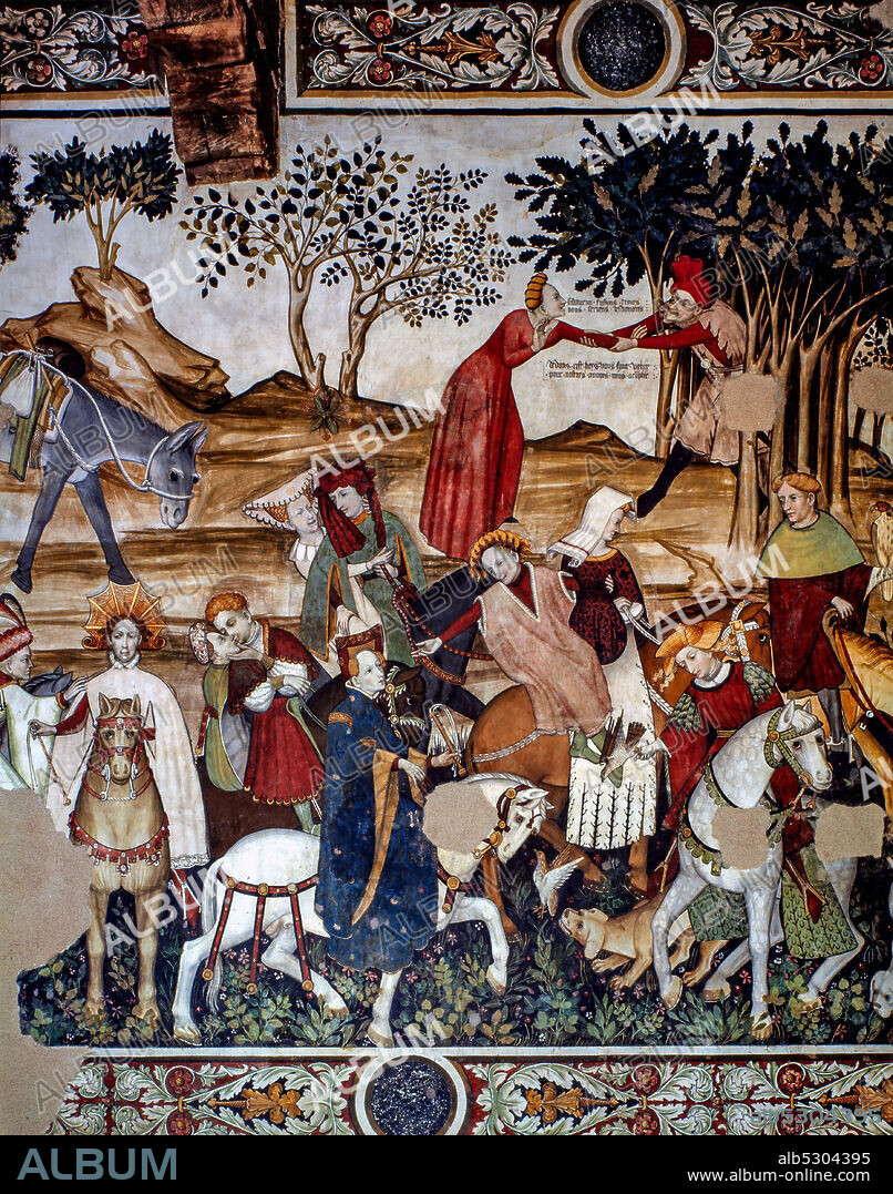 MASTER OF THE CASTLE OF MANTA, XIV-XV CENTURY. Medieval Italian Castle of Manta. Baronial Hall. Fresco cycle with ladies and knights by master of the Castle of Manta. XIV - XV century.