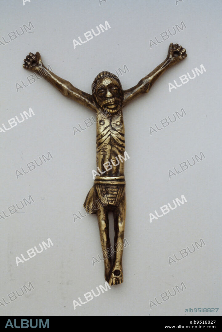 Crucifix, 19th century, 5 1/8 x 5 1/4 in. (13 x 13.3 cm) (figure), Brass, Democratic Republic of the Congo, 19th century, The Kongo kingdom flourished from 1450 to 1700 as a vast, centralized African state on the Atlantic coast south of the equator. Christianity was adopted as a state religion at the end of the 15th century, and over the next 200 years Portuguese missionaries introduced crucifixes, devotional objects, and figures of saints, all of which were copied by Kongo artists. Incorporated into local religious practices that combined the two traditions, objects like this small crucifix were potent aids to piety and ritual.