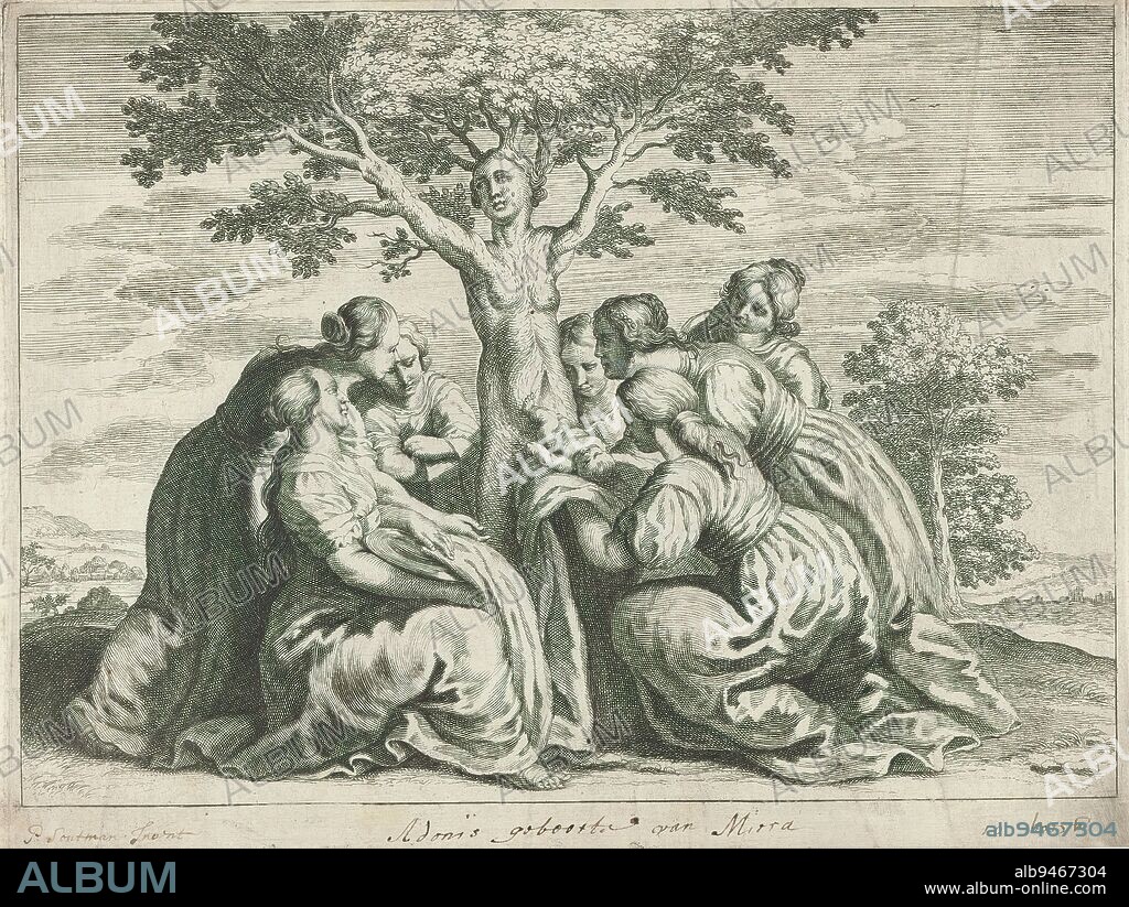 Birth of Adonis, Metamorphoses by Ovid (series title), Adonis is born from the split trunk of the weeping Myrrha. Nymphs capture him. Myrrha had been turned into a myrrh tree by the gods after she slept with her father through Venus' actions., print maker: Crispijn van de Passe (II), (workshop of), after design by: Pieter Claesz. Soutman, (mentioned on object), after design by: Abraham van Diepenbeeck, (rejected attribution), c. 1636 - c. 1670, paper, engraving, height 176 mm × width 236 mm.