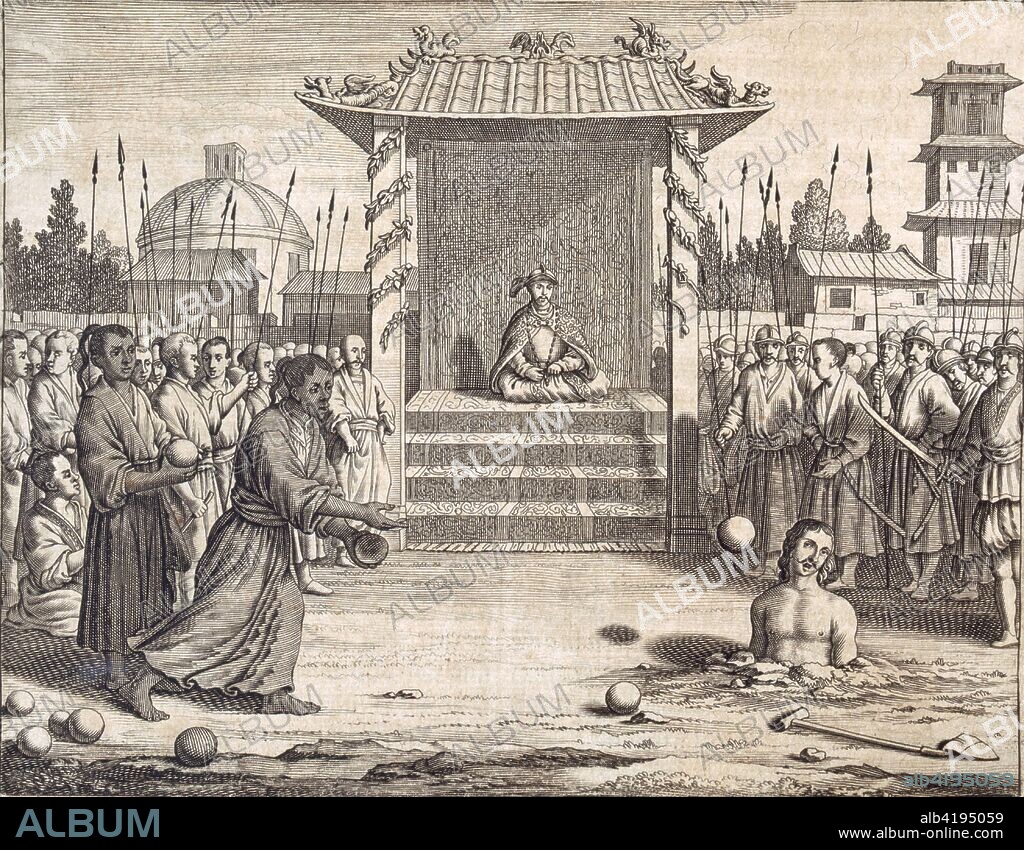 A Usurper Stoned to Death?', The Rajah of Kandy presides over a punishment: death by stoning of a half buried prisoner; from 'Beschreibung der Ost-Indischen Kusten Malabar und Coromandel... als auch der Insel Zeylon?; pub. 1672 (engraving). A True and Exact Description of The Most Celebrated East-Indian Coasts of Malabar and Coromandel and also of the Isle of Ceylon; Father Philippus Baldaeus (1632-1672) was a missionary & representative of the Dutch East India Company in Ceylon for 10 years.