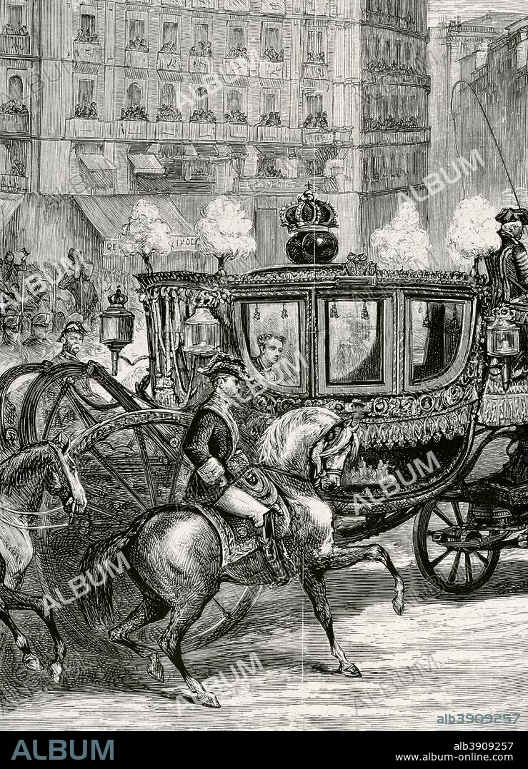 History of Spain. The Bourbon Restoration. Reign of Alfonso XII (1874-1885). Madrid. The royal cortege on its way through the Puerta del Sol. King Alfonso XII (1857-1885) looking through the window of his coach. Detail. Drawing by Juan Comba. Engraving. La Ilustracion Espa–ola y Americana, February 22, 1876. Supplement.
