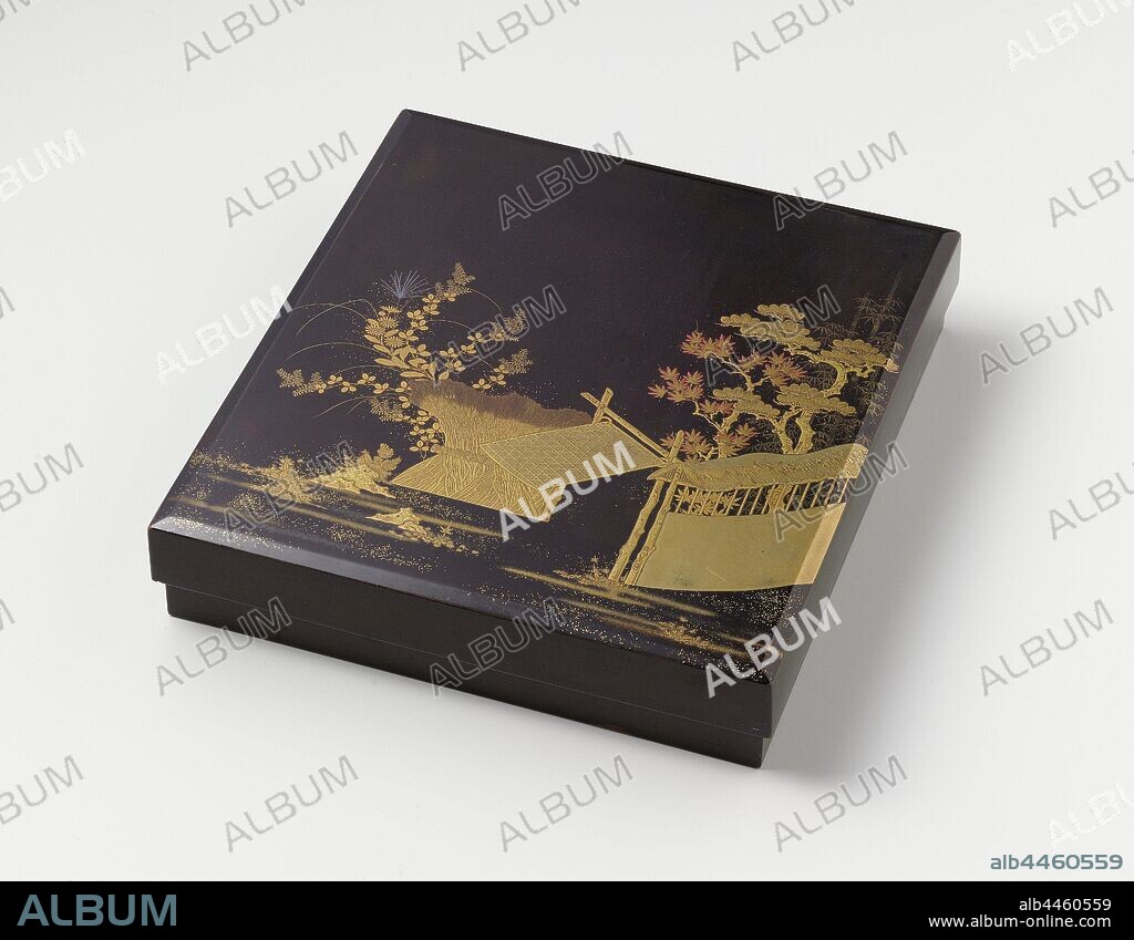 Suzuribako, Writing box (suzuribako) of black lacquerware with on the lid in different shades of gold and silver makie and red lacquer a representation of an entrance gate and fence of a garden, with a hedge of bound branches susuki grass and hagi, in the garden a fall maple tree and a pine. On the inside of the lid a boat on the waterfront and a egret that huddles on an upright oar., anonymous, Japan, 1700 - 1900, Edo-period (1600-1868), wood (plant material), lacquer (coating), h 4.7 cm × w 21.5 cm × d 23.7 cm.