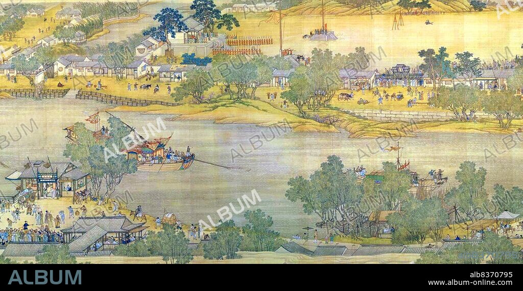 'Along the River During the Qingming Festival' is a painting by the Song dynasty artist Zhang Zeduan (10851145). It captures the daily life of people and the landscape of the Northern Song capital, Bianjing, today's Kaifeng. The theme is said to celebrate the festive spirit and worldly commotion at the Qingming Festival, rather than the holiday's ceremonial aspects, such as tomb sweeping and prayers.<br/><br/>. Successive scenes reveal the lifestyle of all levels of the society from rich to poor as well as different economic activities in rural areas and the city, and offer glimpses of period clothing and architecture. The scroll is 25.5 centimetres (10.0 inches) in height and 5.25 meters (5.74 yards) long. In its length there are 814 humans (of whom only 20 are women), 28 boats, 60 animals, 30 buildings, 20 vehicles, 8 sedan chairs, and 170 trees. The countryside and the densely populated city are the two main sections in the picture, with the river meandering through the entire length.<br/><br/>. The original painting is the most celebrated work of art from the Song dynasty. Due to this high artistic reputation, it has inspired several works of art that revived and updated the style of the original. The version presented here was made by five Qing dynasty court painters (Chen Mu, Sun Hu, Jin Kun, Dai Hong and Cheng Zhidao) and presented to the Qianlong Emperor on January 15, 1737.<br/><br/>. There are many more people, over 4,000, in the Qing remake, which also is much larger (at 11 metres by 35 cm, or 37 ft by 1 ft). The full scroll should be viewed from right to left.
