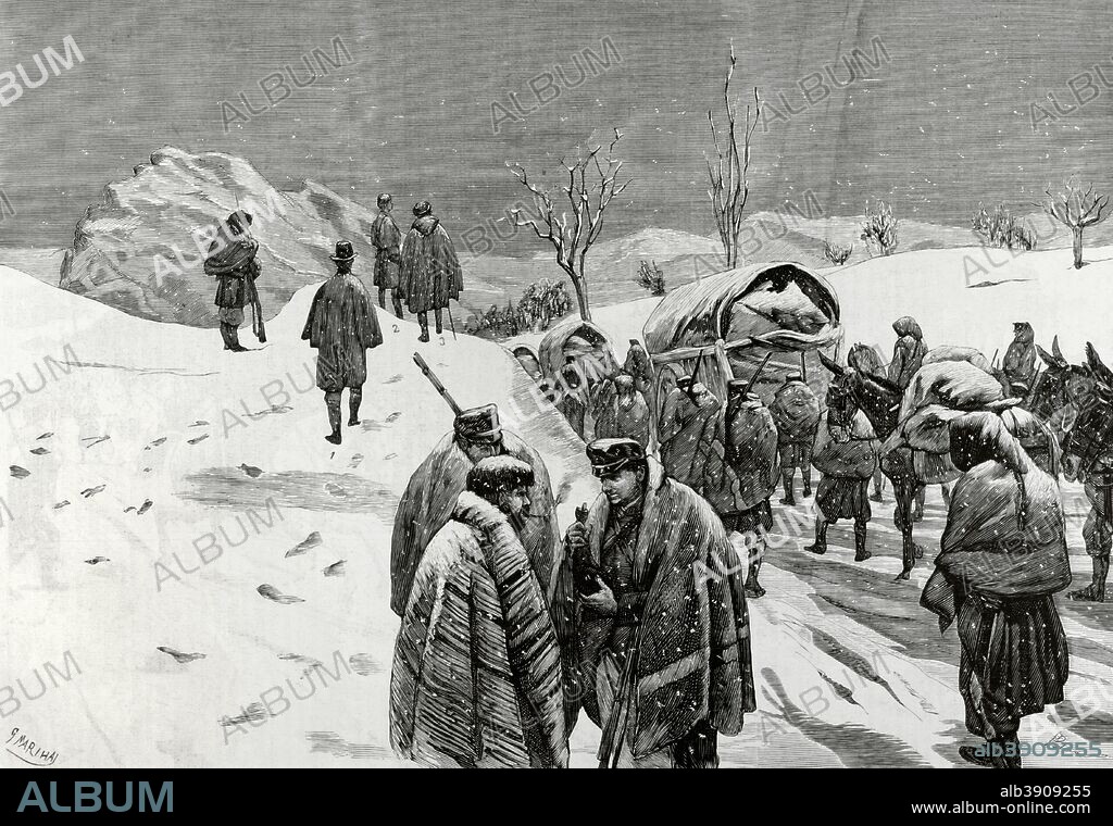 España. Tercera Guerra Carlista (1872-1876). Provincias Vascongadas. Ejército de la Izquierda. Paso de un convoy por el alto de Urquiola, el 8 de febrero de 1876. Señalizados con el número 1: Corresponsal del Daily News, 2: Corresponsal del Handelsblad y 3: Corresponsal de la Ilustración Española y Americana. Dibujo por Pellicer. Grabado por Marichal. 1876, contexto de la Restauración Borbónica con Alfonso XII. La Ilustración Española y Americana, 22 de febrero de 1876. Biblioteca Histórico Militar de Barcelona, Cataluña, España.